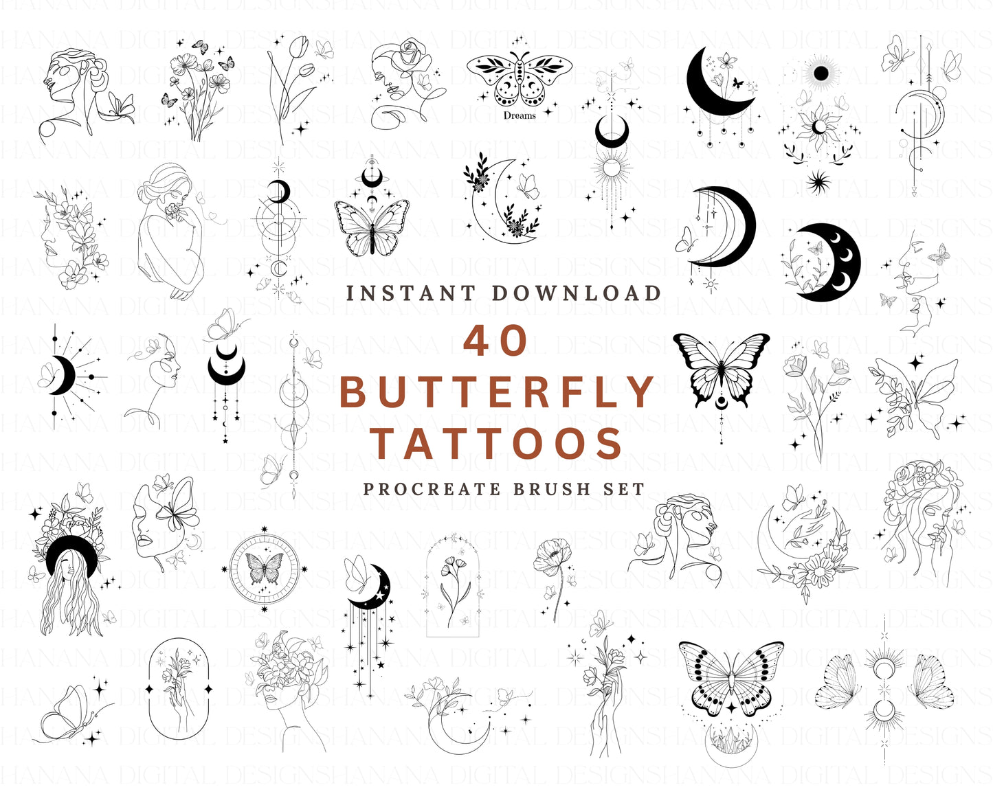 40 Butterfly Tattoo Procreate Brush Stamps