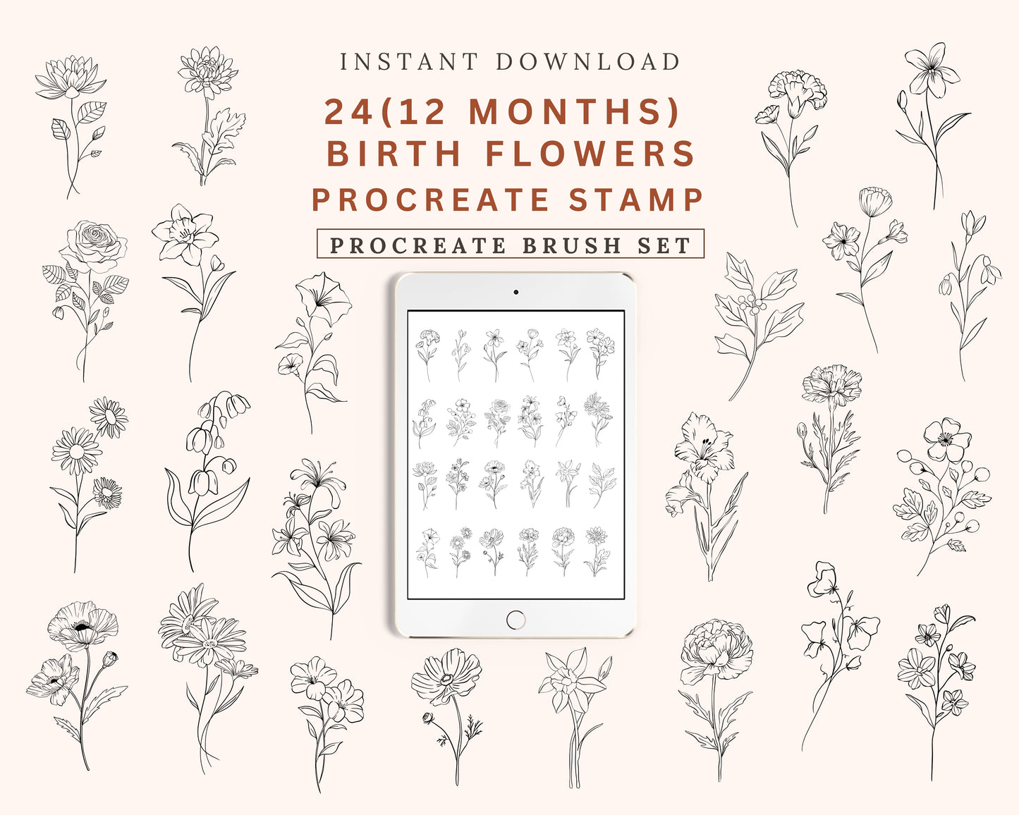24 Birth Flowers Procreate Brushset