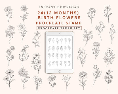 24 Birth Flowers Procreate Brushset