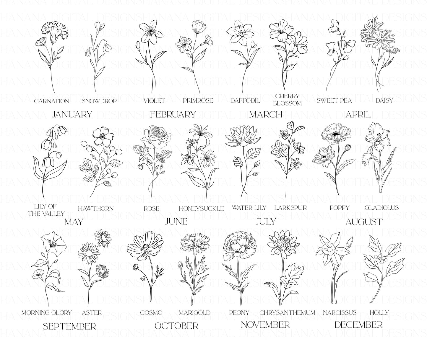 24 Birth Flowers Procreate Brushset