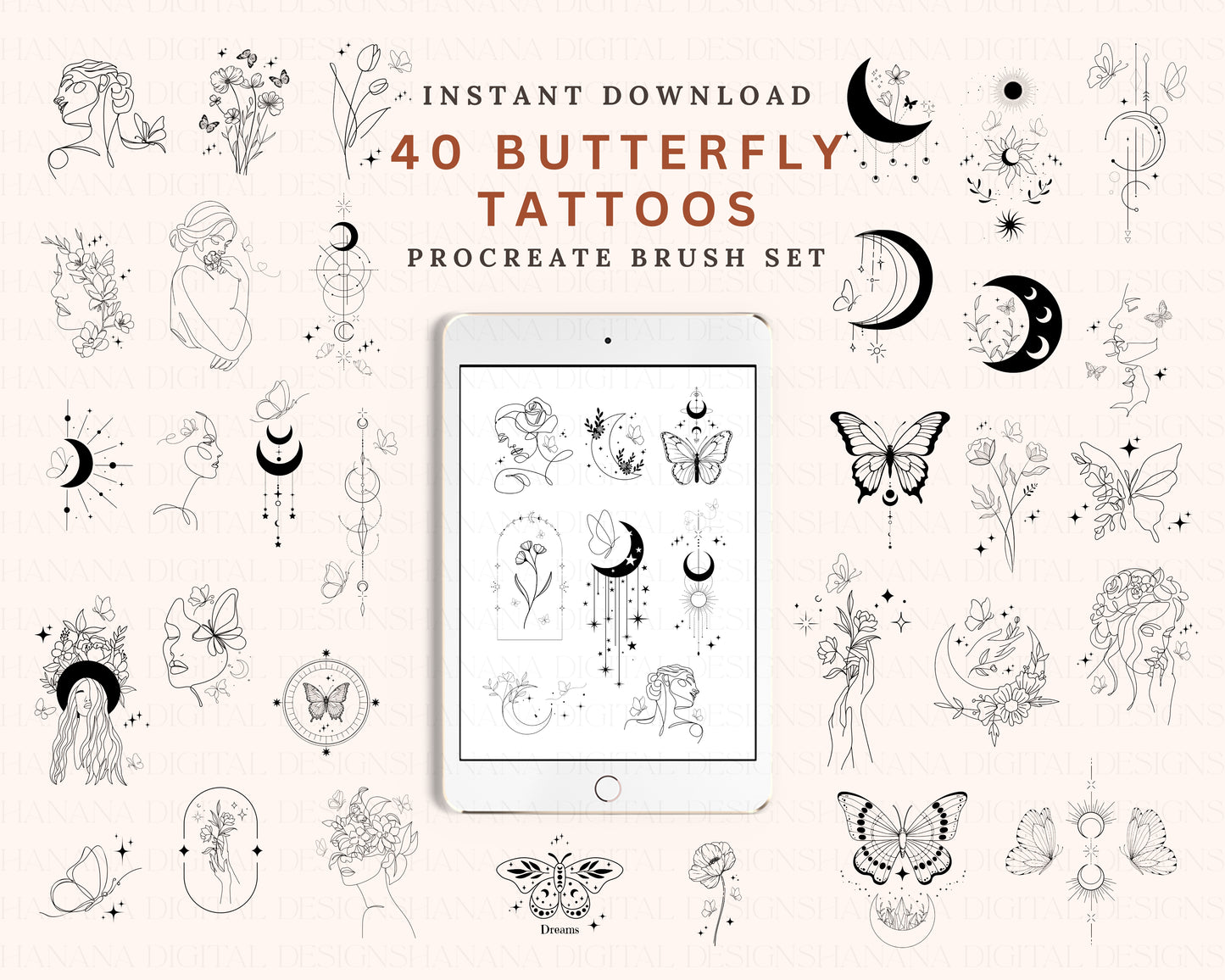 40 Butterfly Tattoo Procreate Brush Stamps