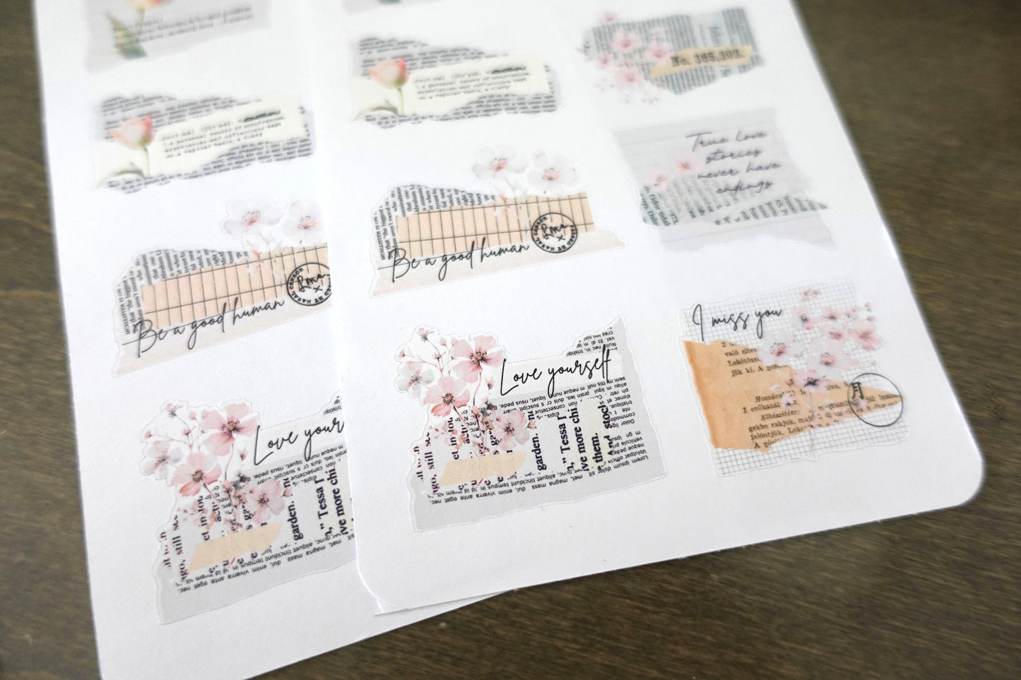 Ripped newspaper floral stickers