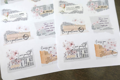 Ripped newspaper floral stickers